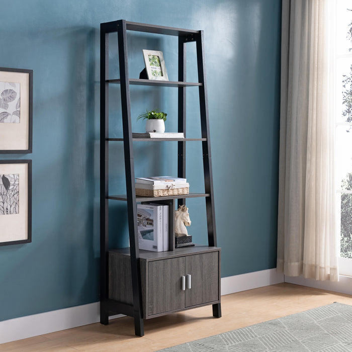 Modern Bookcase With Four Open Shelves And Two Door Cabinet - Black & Grey