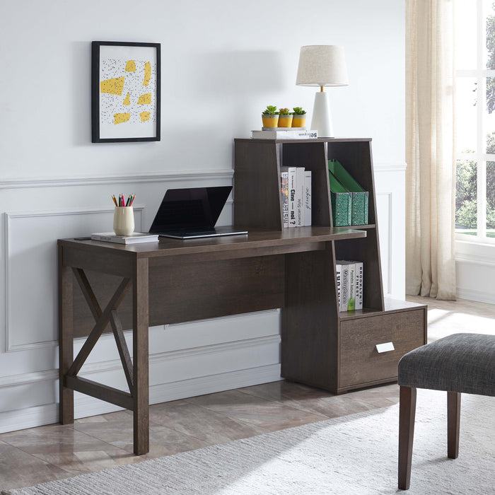 Computer Desk With File Drawer And Display Compartments - Dark Brown