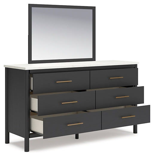 Cadmori King Upholstered Panel Bed with Mirrored Dresser and Nightstand