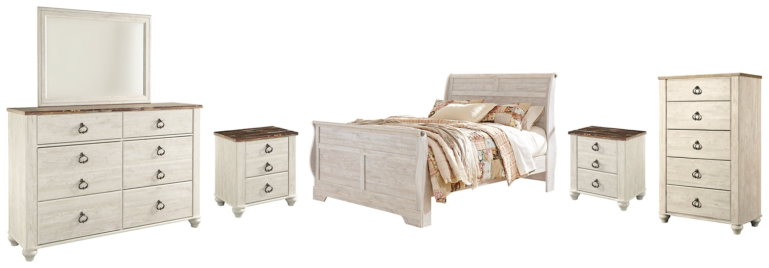 Willowton Queen Sleigh Bed with Mirrored Dresser, Chest and 2 Nightstands