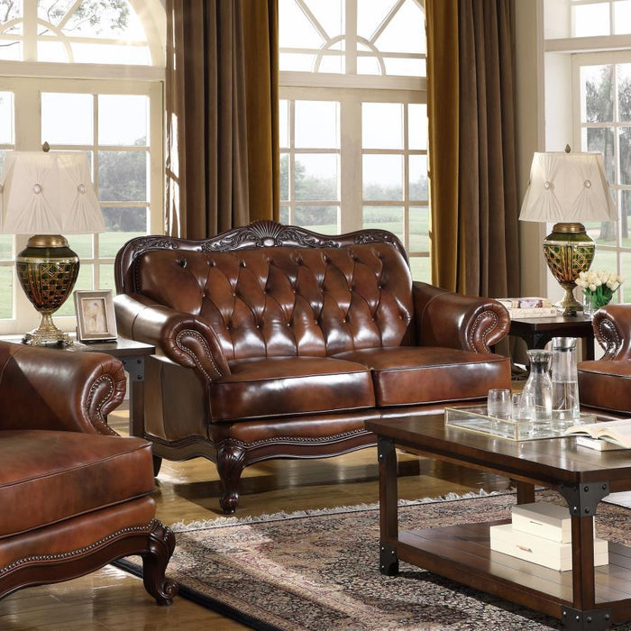 Victoria - Full Leather Upholstered Rolled Arm Loveseat - Brown