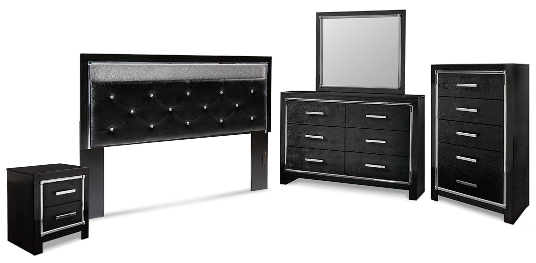 Kaydell King Upholstered Panel Headboard with Mirrored Dresser, Chest and Nightstand